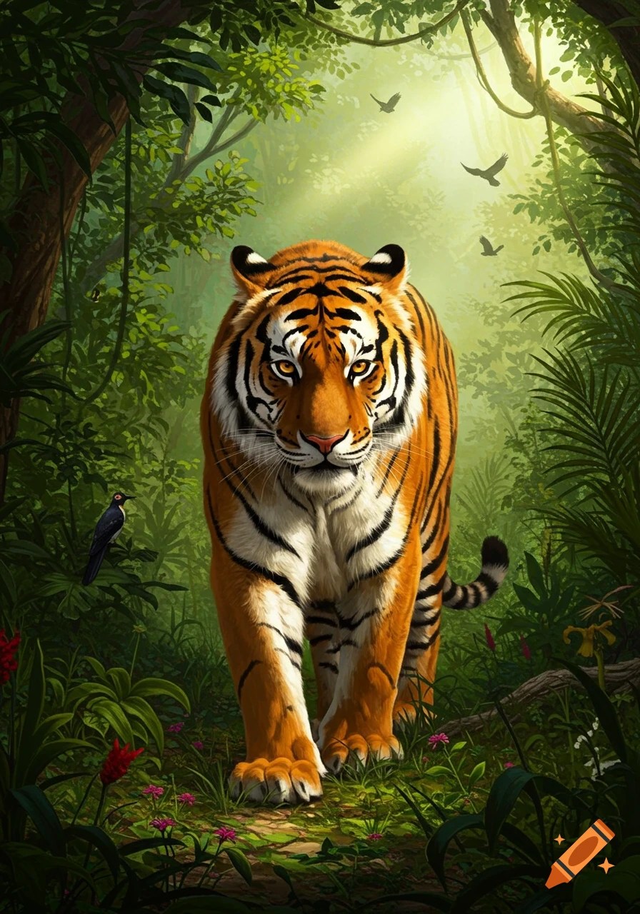 A majestic tiger with bright orange and black stripes walks through a lush green jungle, bathed in sun rays, digital art.