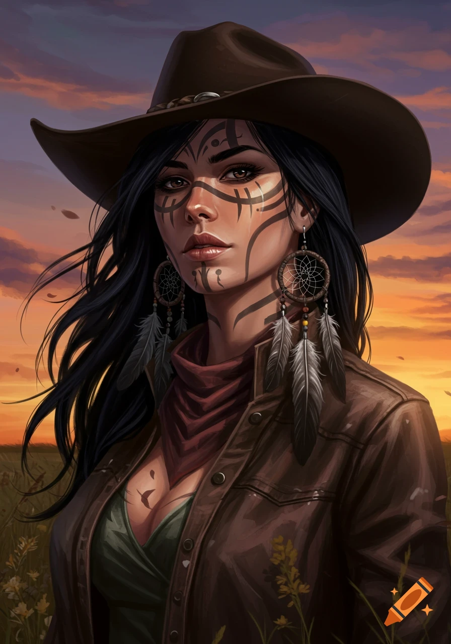 Digital art portrait of a cowgirl with tribal face paint, dreamcatcher earrings, cowboy hat, and leather jacket at sunset in a field.