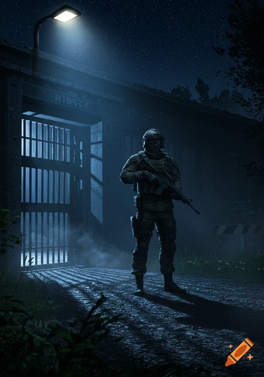 A soldier in full tactical gear stands guard at night in front of a dark, barred gate under a streetlamp and a starry sky.