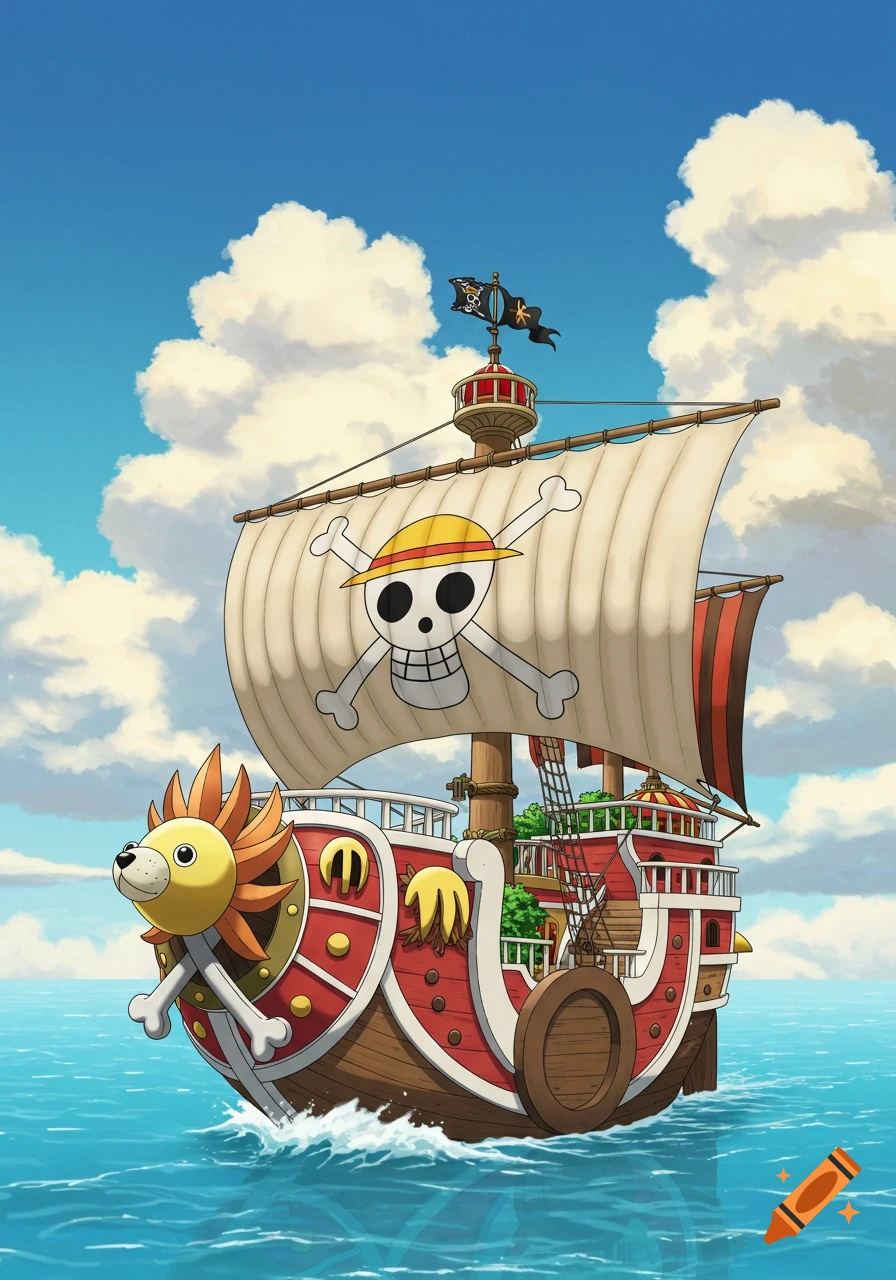 The Thousand Sunny, a red and yellow cartoon pirate ship with a lion's head figurehead and a skull and crossbones sail, sailing on blue water under a cloudy sky.