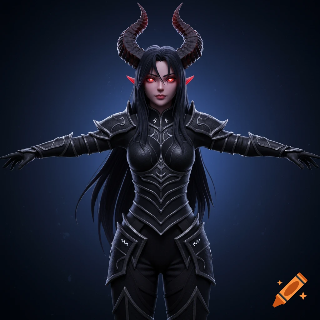 A 3D render of a female demon character in black ornate armor with red glowing eyes, red elf ears, and large red-tipped horns, standing in a T-pose.