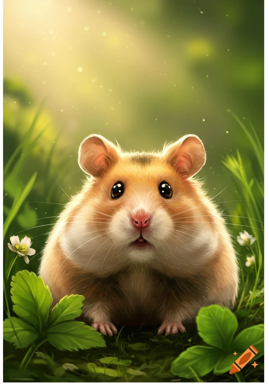 Cute cartoon hamster with big black eyes in a sunny green field with small white flowers.