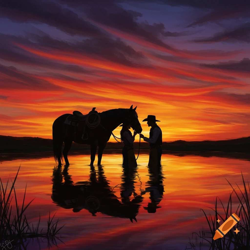 Stylized illustration of cowboy and cowgirl silhouettes with a horse in  water at sunset, about to embrace, with vibrant reflections. on Craiyon, image size:1024x1024