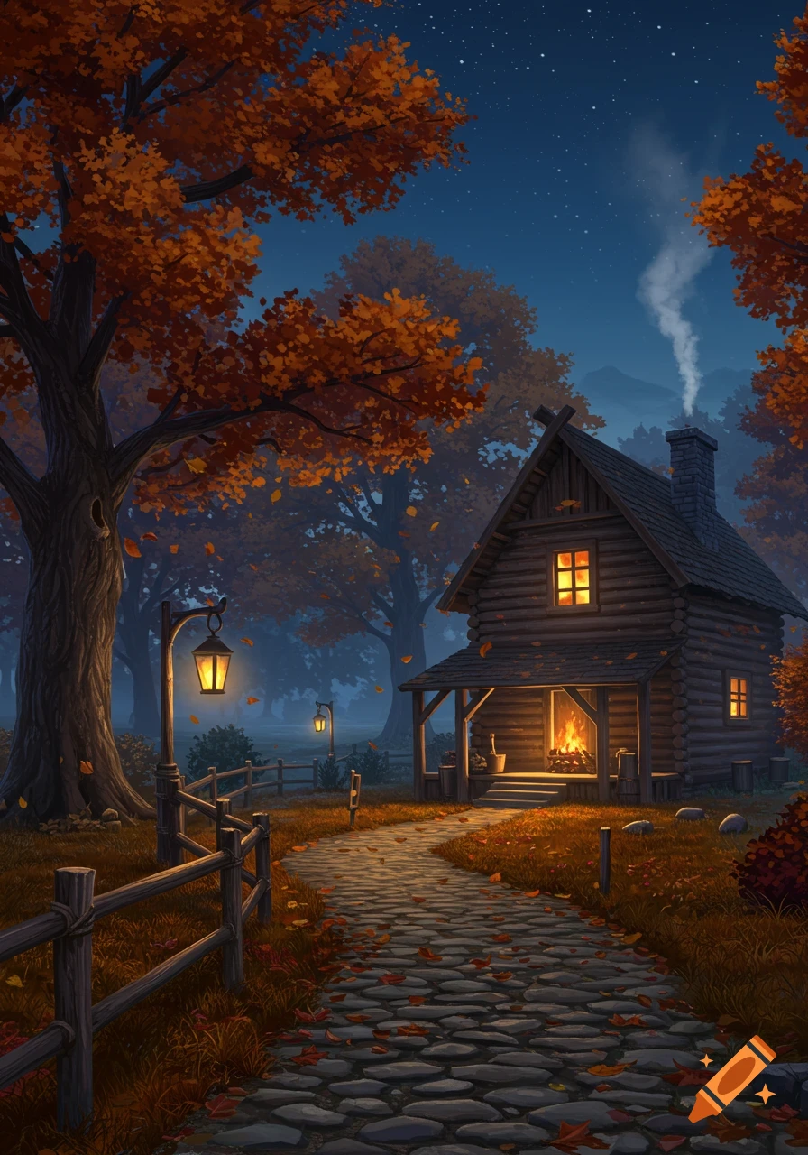 A cozy log cabin nestled in an autumn forest at night, with a glowing fireplace, lanterns, and a stone path. Stylized illustration.