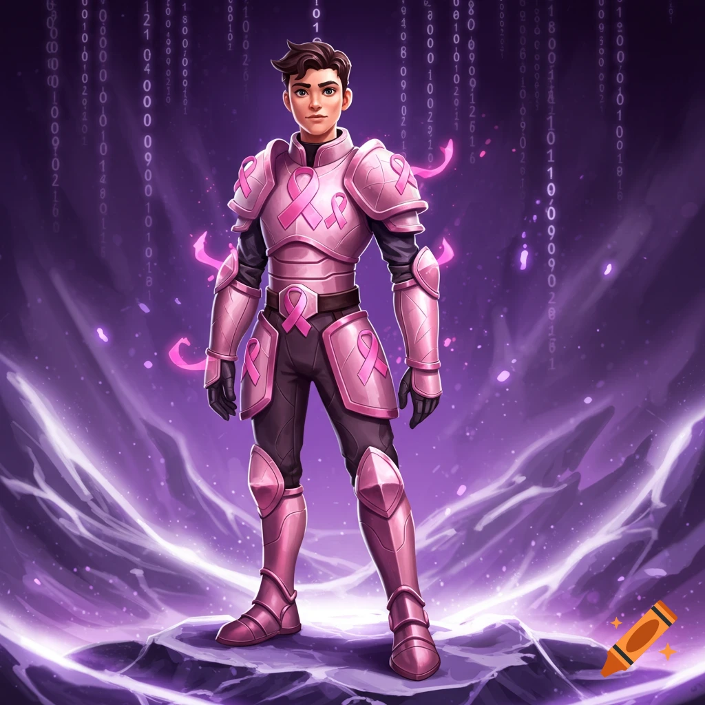 A stylized male game avatar in pink armor with cancer awareness ribbons stands on rocky ground against a glowing purple digital matrix background.