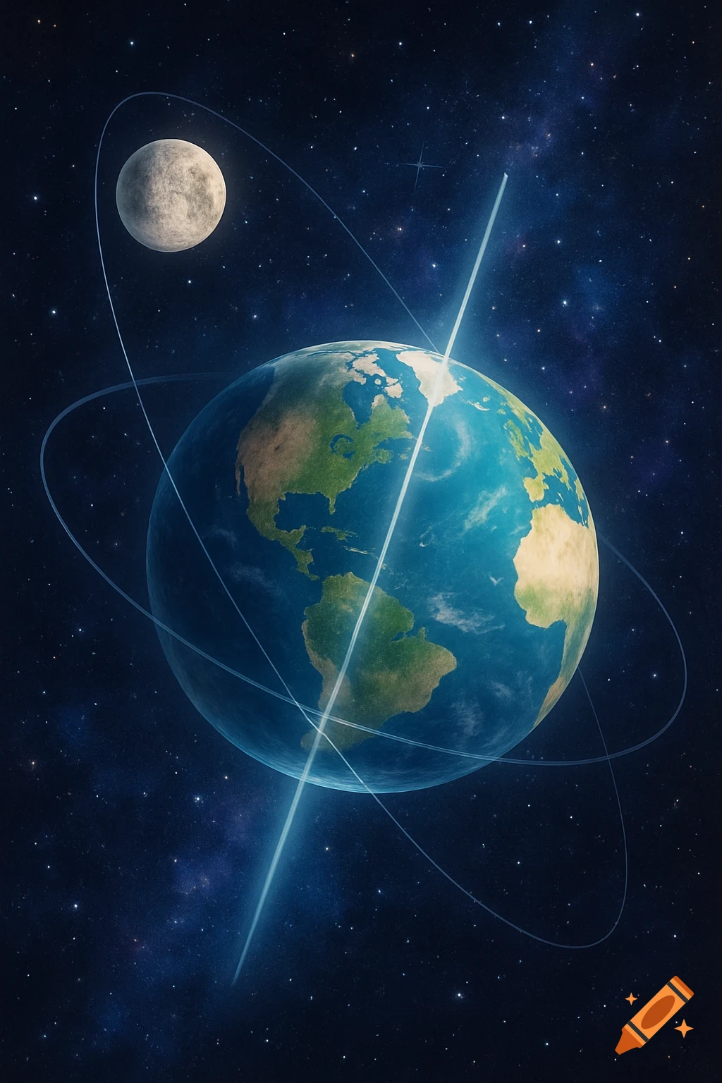 A stylized depiction of Earth and the Moon in a starry space, with glowing orbital lines and a beam of light through Earth.