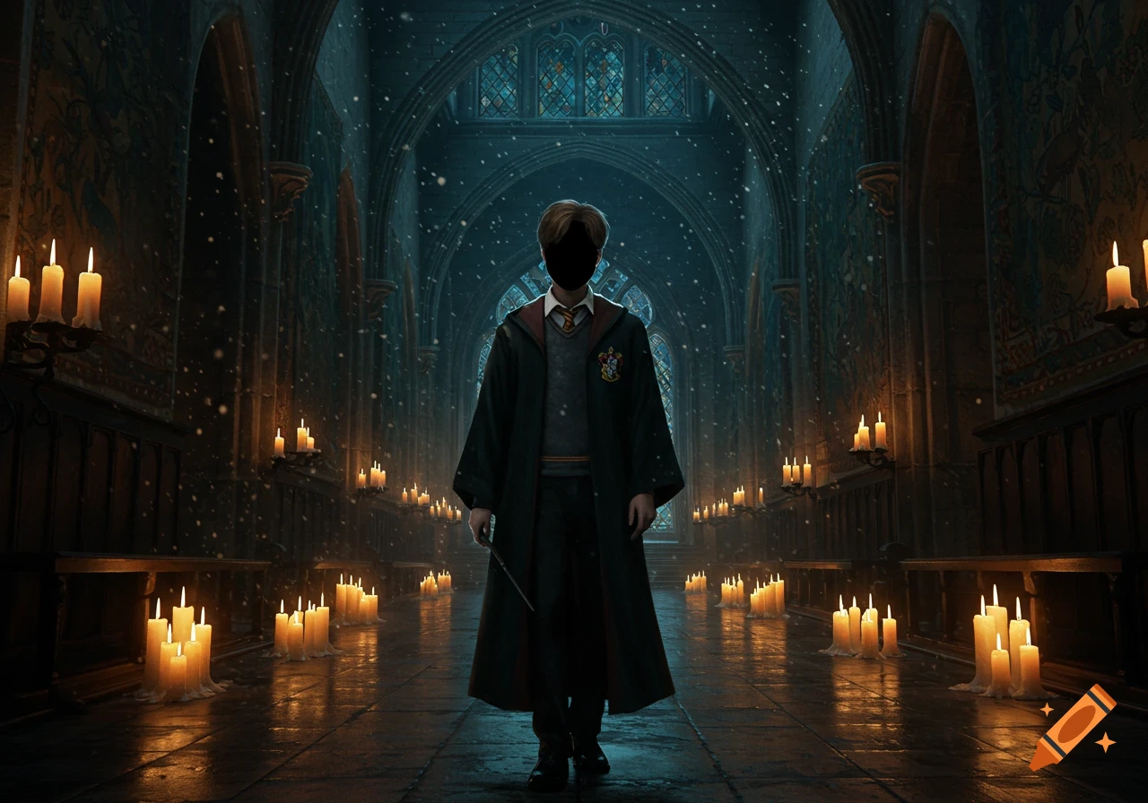 A wizard with a blacked-out face stands in a grand, candle-lit hall with falling snow, holding a wand.