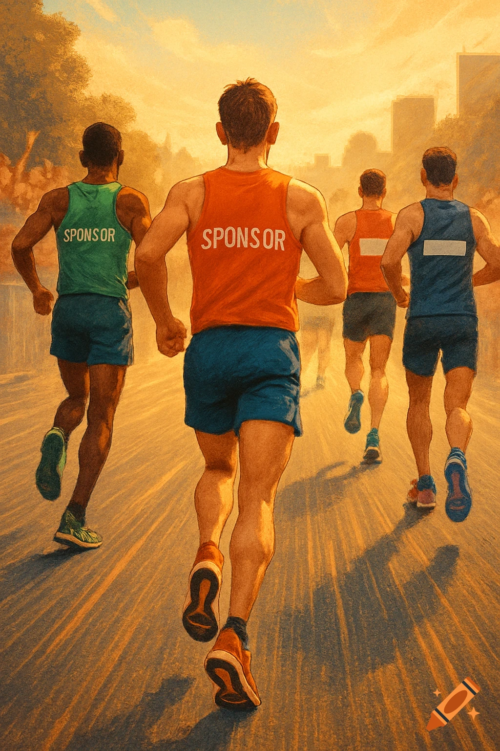 Runners seen from behind on a road race, some wearing 'SPONSOR' shirts, in a vibrant, painterly style.