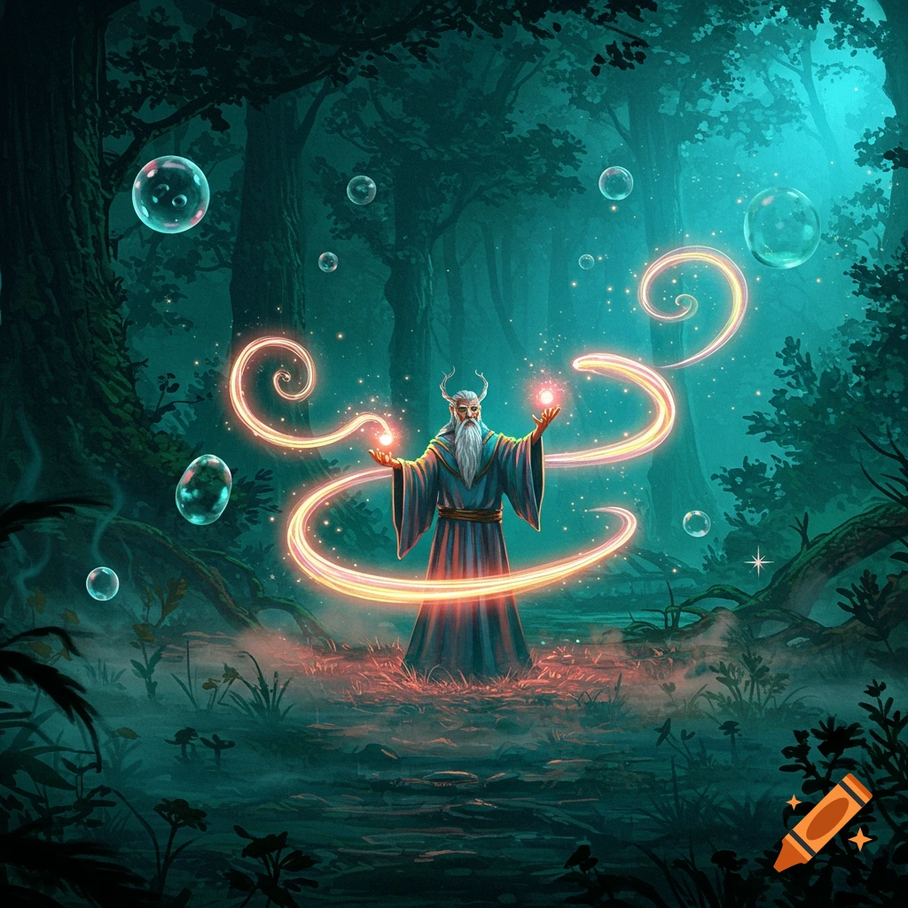 A horned wizard with a white beard casts glowing orange magic amidst bubbles in a dark, mystical forest.