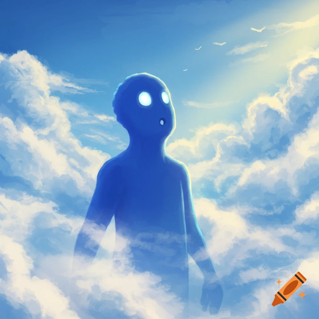 An ethereal blue figure with glowing white eyes looks up, surrounded by white clouds against a bright blue sky.