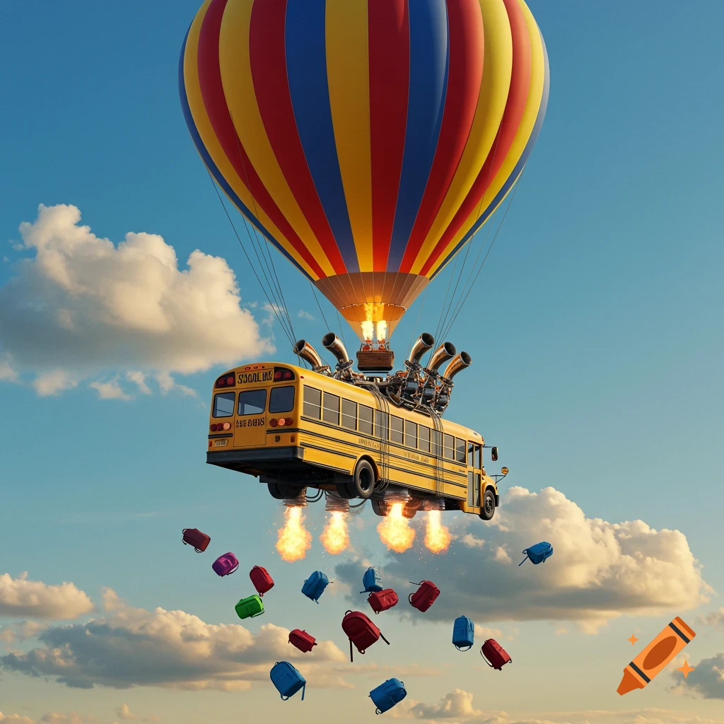 A yellow school bus is suspended mid-air by a colorful hot air balloon and jet engines, dropping backpacks under a blue sky.