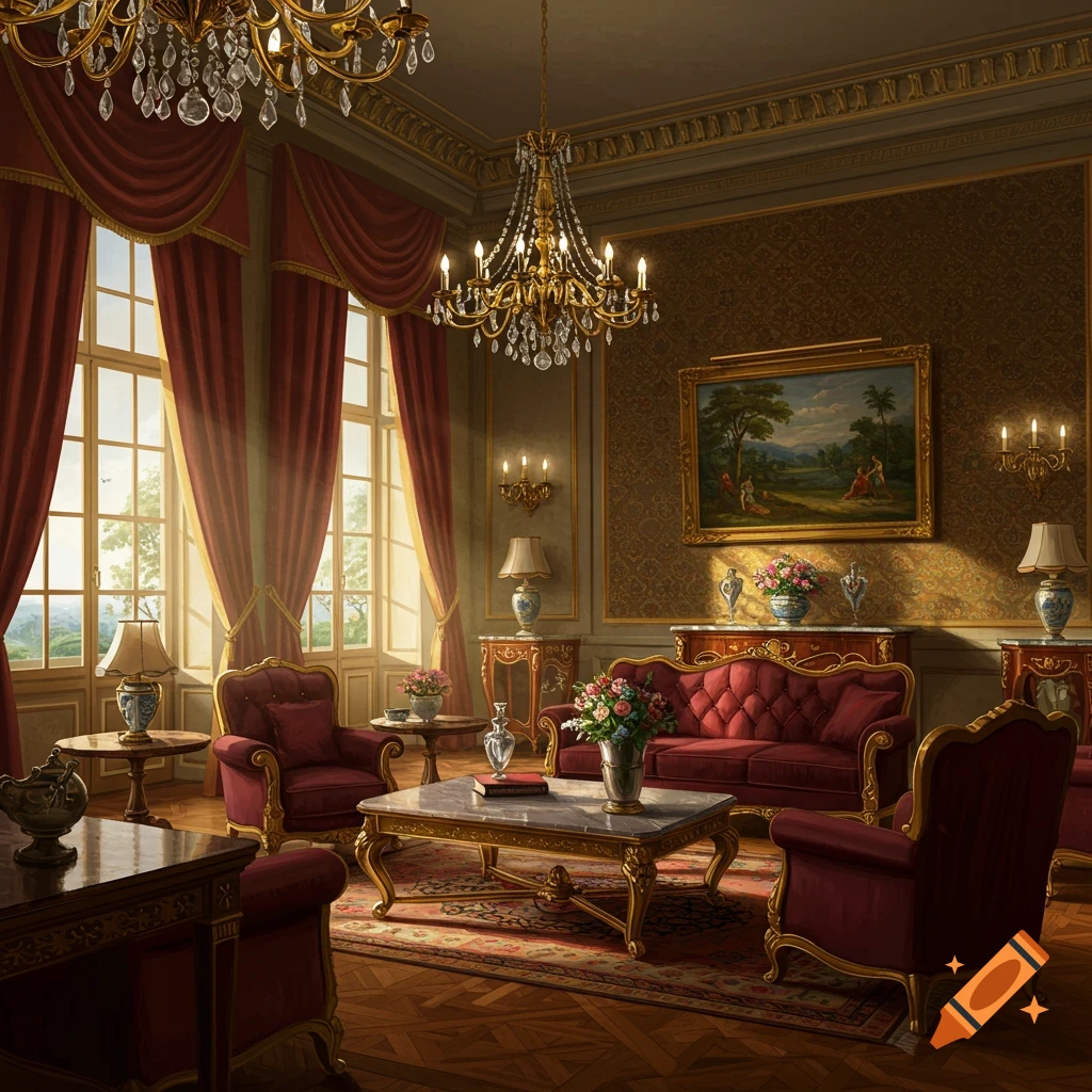 Opulent classical salon with red velvet furniture, ornate chandeliers, large windows, and a landscape painting.
