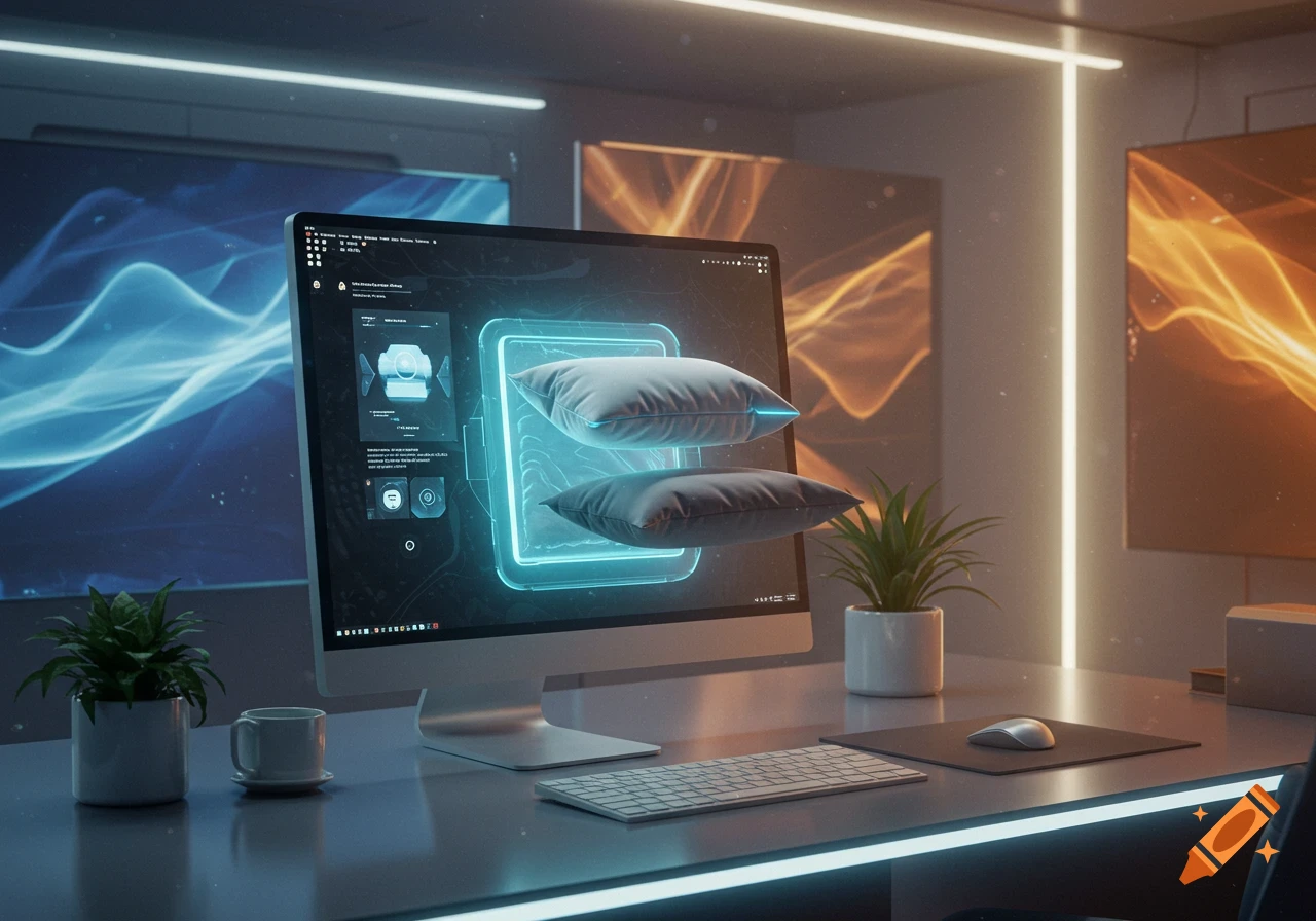 A sleek, futuristic desk setup with a computer displaying two glowing pillows, flanked by houseplants and ambient neon lights.