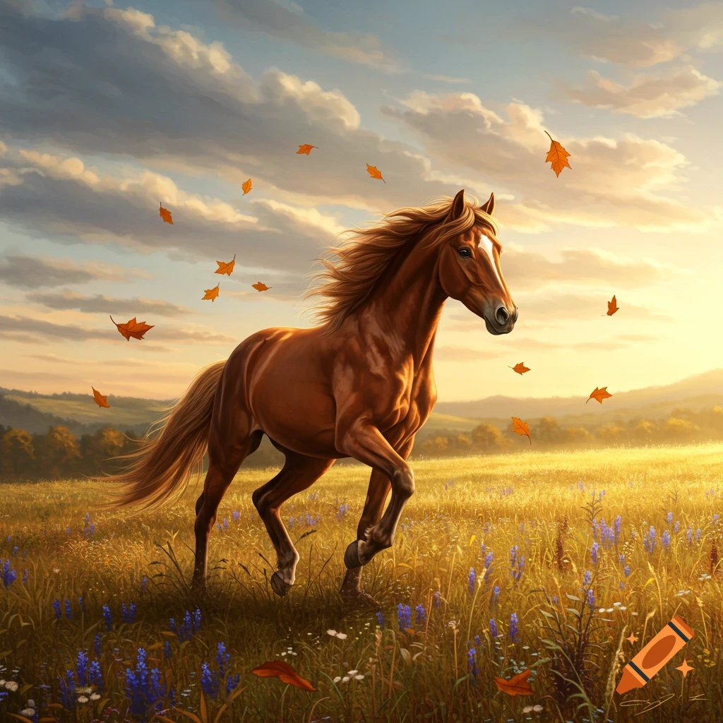 A brown horse gallops through a sunlit field with blue flowers and falling autumn leaves during a beautiful sunset.