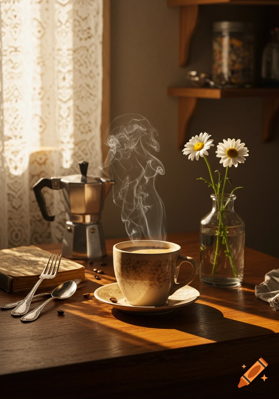 A steaming cup of coffee next to a Moka pot, a book, and daisies in a sunlit room with lace curtains.