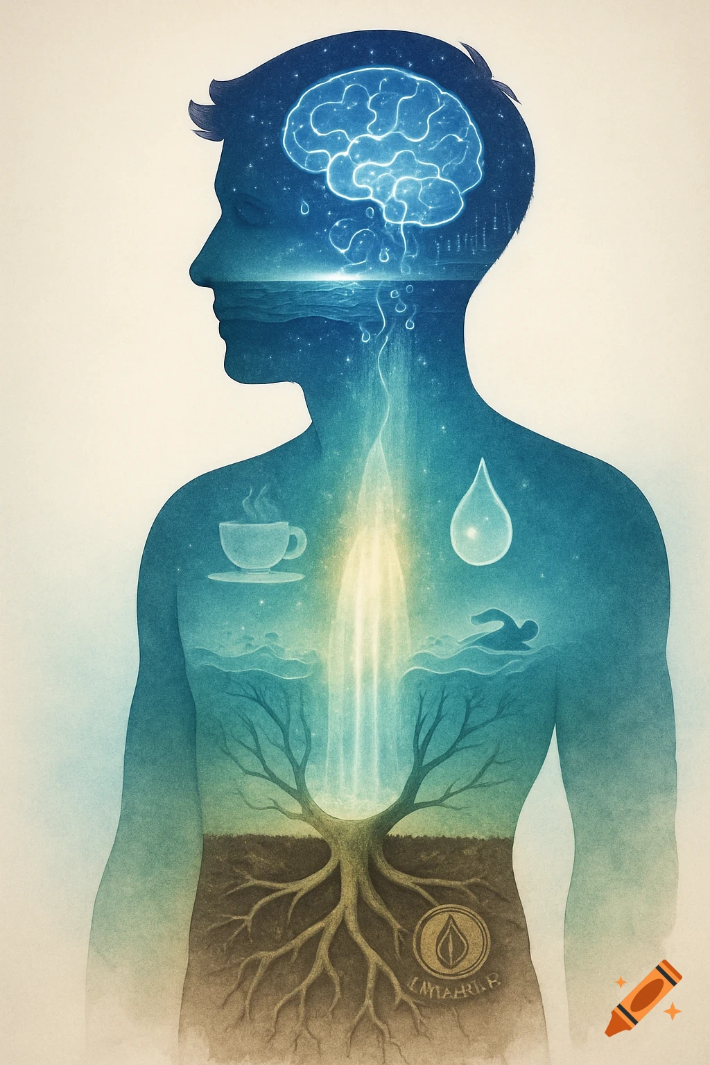 Stylized conceptual artwork of a man's silhouette filled with a glowing brain, ocean, waterfall, coffee cup, raindrop, swimmer, and tree roots in soil.