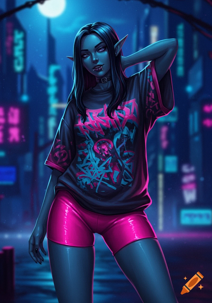 A dark elf woman with long black hair, pale skin, and pointy ears wears a black graphic tee and shiny pink shorts, posing in a neon-lit cyberpunk city at night.