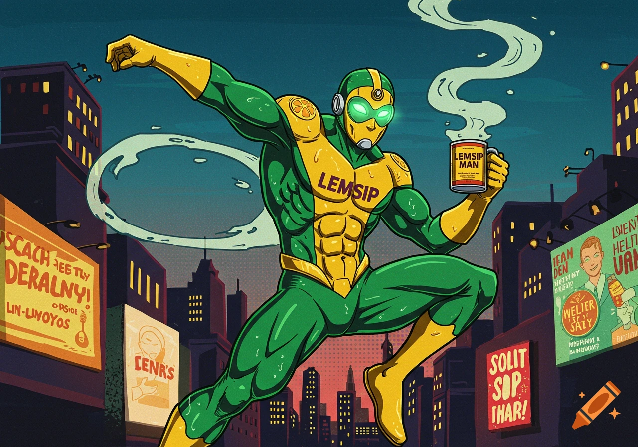 A green and yellow superhero, Lemsip Man, flies through a city at night, holding a steaming mug, in a vibrant comic book art style.