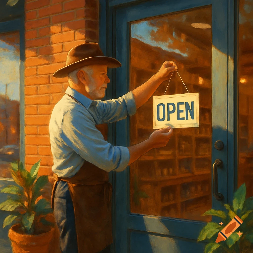 An older man in a hat and apron hangs an "OPEN" sign on a glass door of a brick business in a painterly style.