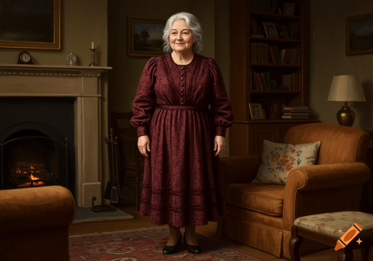 A smiling older woman with grey hair in a red patterned dress stands in a traditional living room with a lit fireplace.