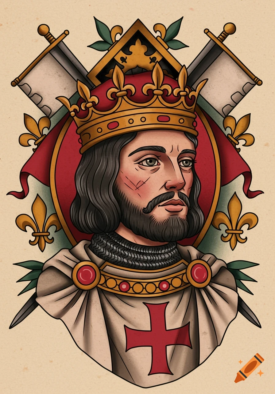 American Traditional tattoo style portrait of King Baldwin IV, wearing a crown, chainmail, and a cloak with a red cross, flanked by swords.
