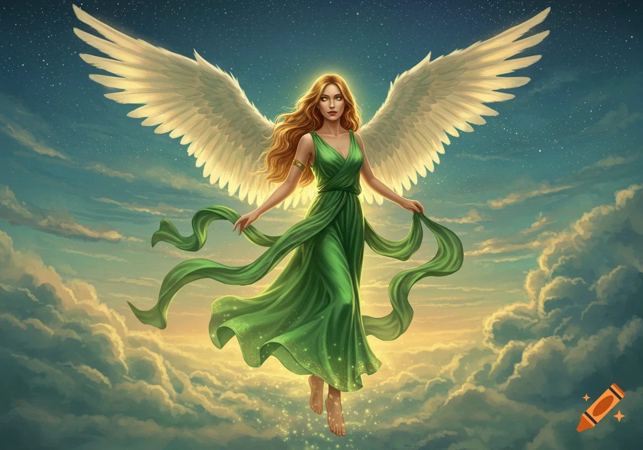 Digital art of an angelic woman with long red hair, green gown, and white wings, glowing and floating among clouds in a starry sky.