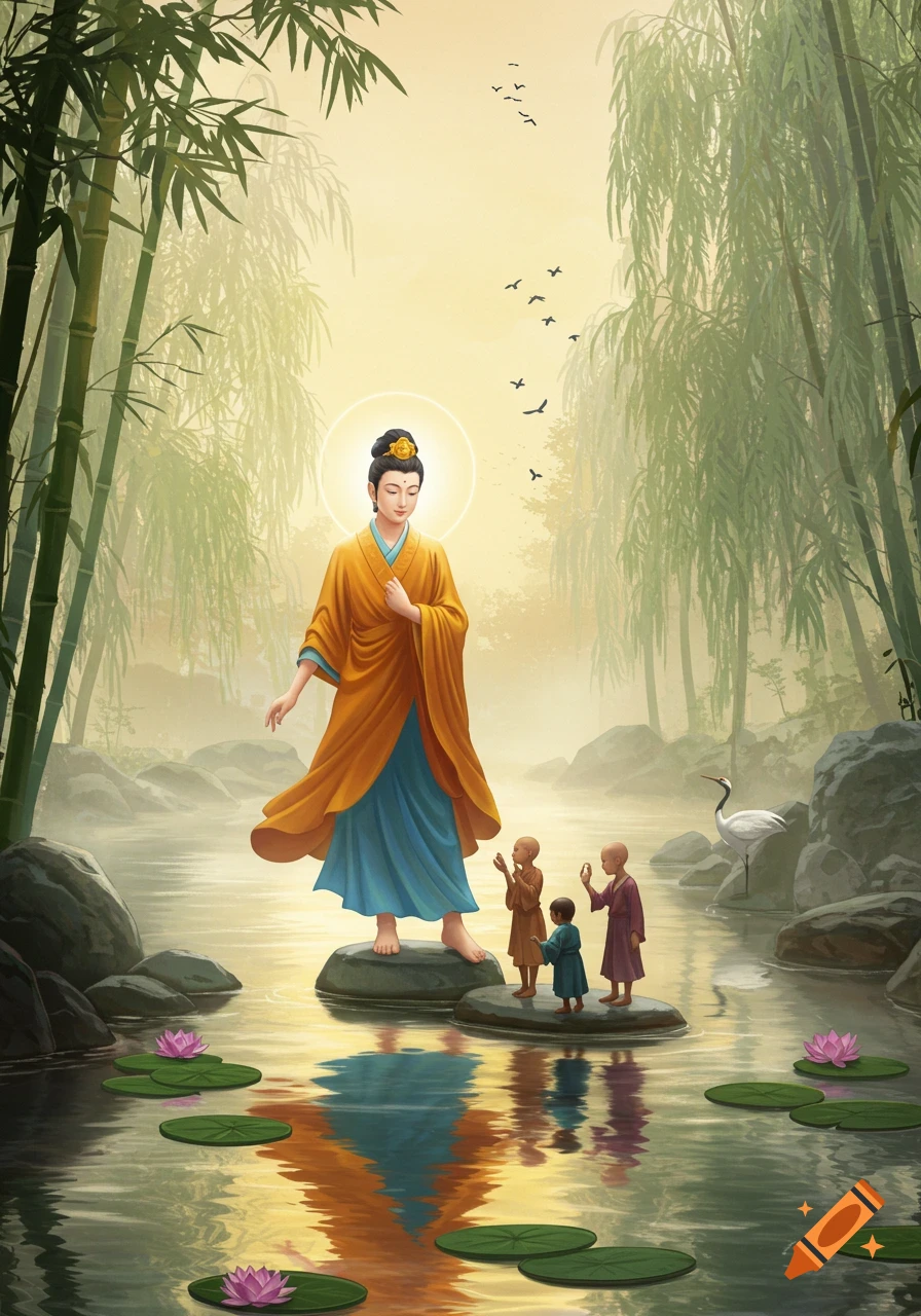 A glowing Bodhisattva stands on a rock in a misty river, surrounded by small figures, bamboo, and lily pads in a serene spiritual illustration.