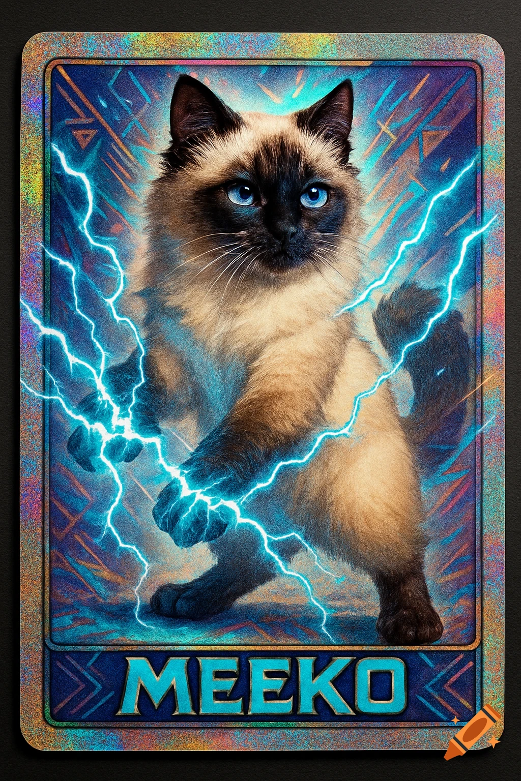 A blue-eyed Birman cat on a Pokemon-style trading card, generating blue lightning from its paws, with 'MEEKO' at the bottom.