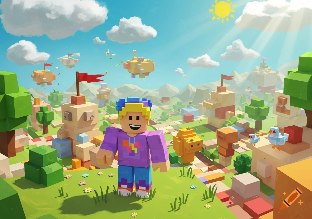A smiling blocky character in a purple hoodie stands in a vibrant, block-based gaming world with floating islands, buildings, and birds.