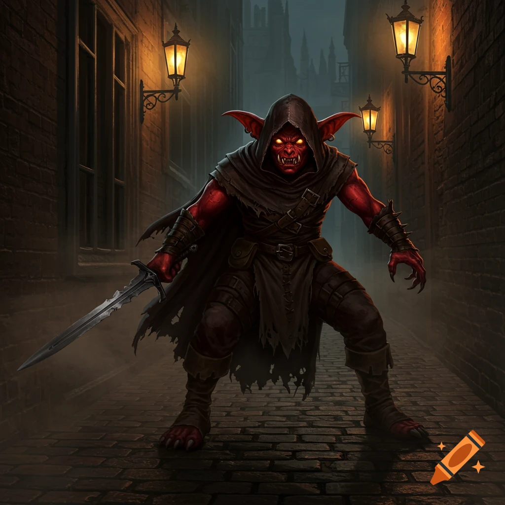 Menacing red hobgoblin with glowing eyes and dark hooded cloak, holding a sword in a misty alley.