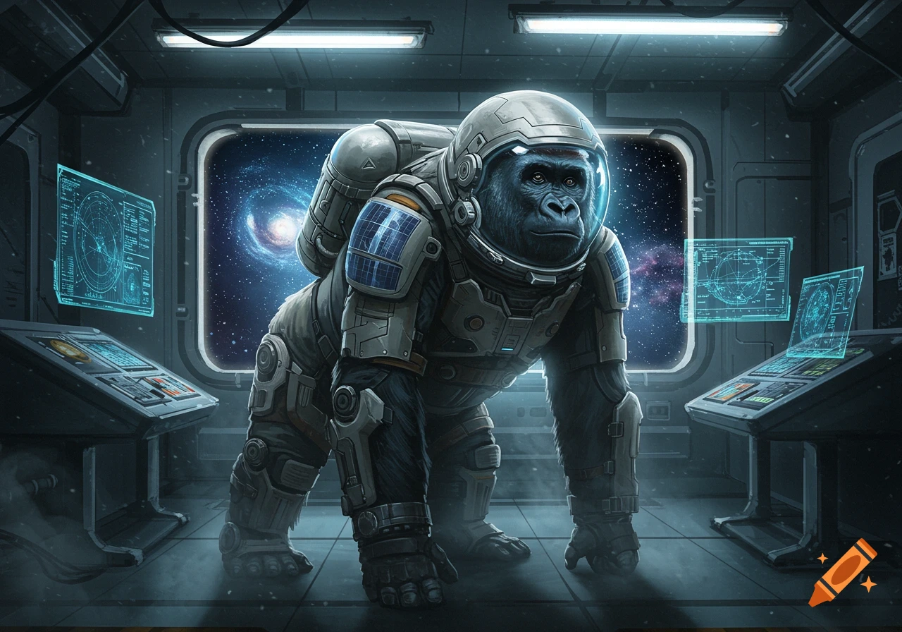 A gorilla in a detailed space suit crouches inside a spaceship cockpit, looking out a window at a galaxy and stars, with glowing blue holographic displays.
