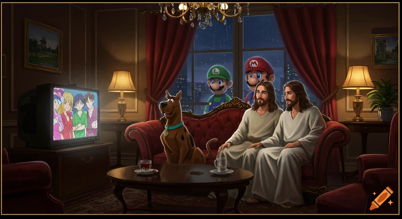 Scooby-Doo and two Jesuses watch anime in a lavish room, as Mario and Luigi look in from outside.