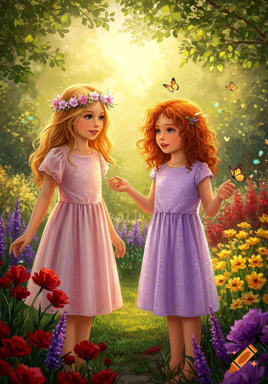 Two smiling girls, one with blonde hair and a flower crown, one with red curly hair, stand in a vibrant magical garden with butterflies and colorful flowers, illustration.