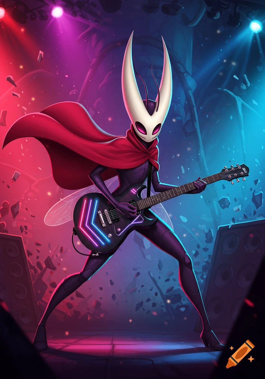 Hornet from Silksong playing an electric guitar on a neon-lit stage with speakers, in a vibrant illustrative style.