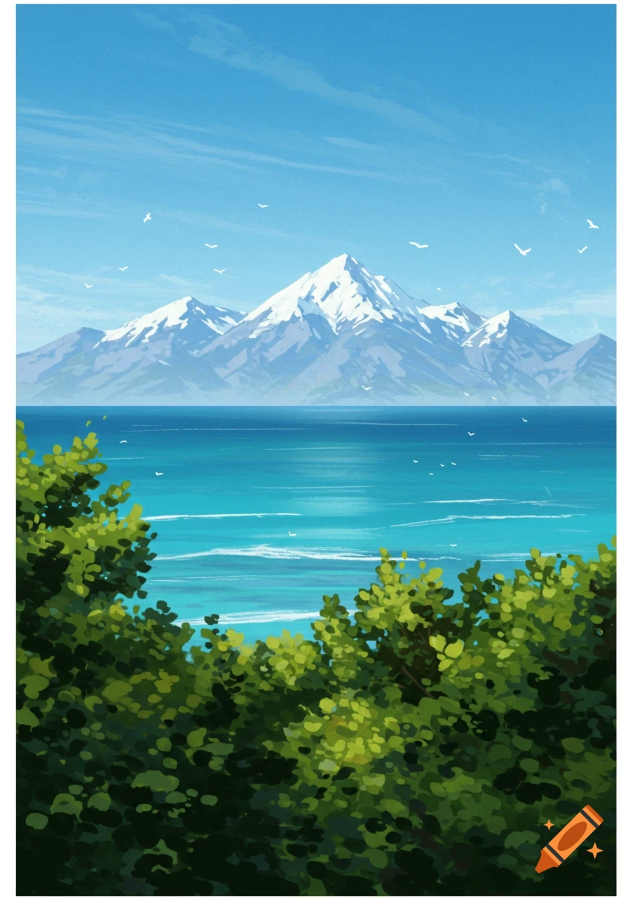 A stylized painting depicts snow-capped mountains across a turquoise ocean, framed by green foliage in the foreground under a bright blue sky.
