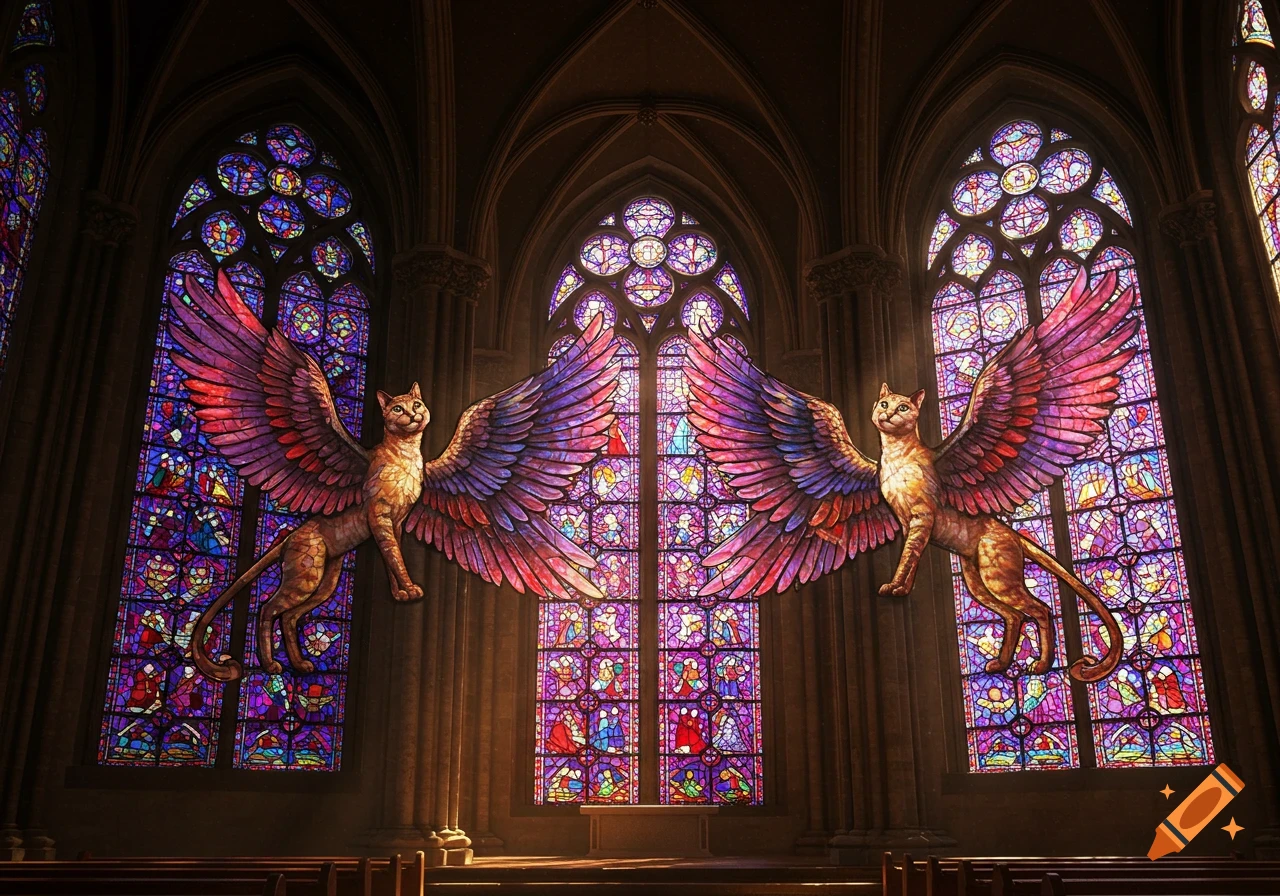 Two winged cats in colorful stained glass windows of a cathedral, light shining through.