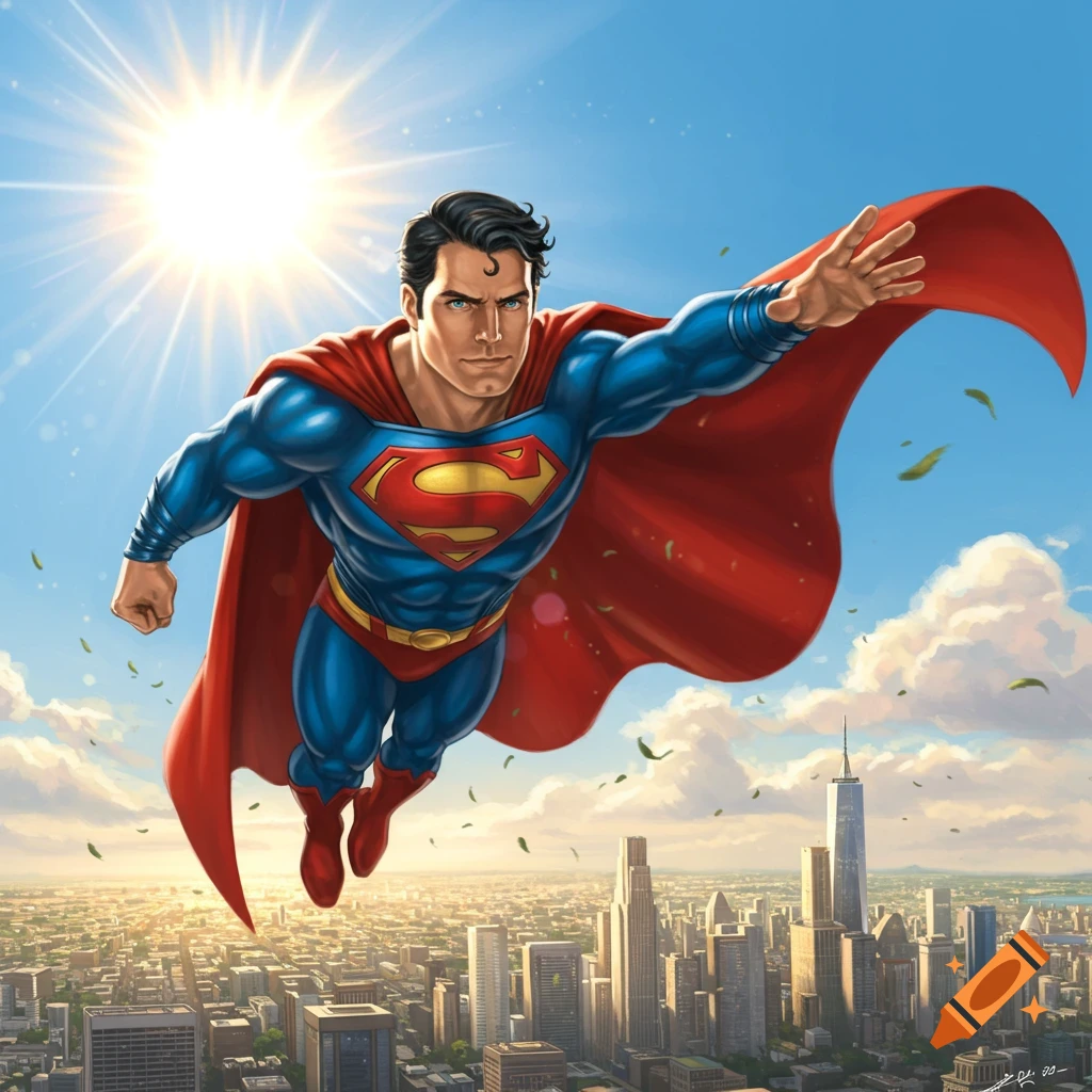 Superman in his iconic blue suit and red cape flies dynamically over a bright cityscape under a sunny sky, in a vibrant comic book art style.
