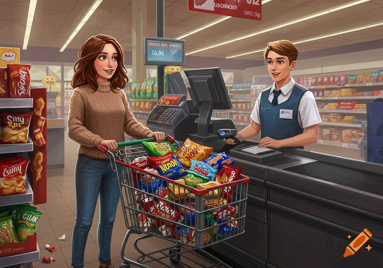 A woman with a cart full of snacks checks out at a supermarket, smiling at a male cashier. Illustrated style.