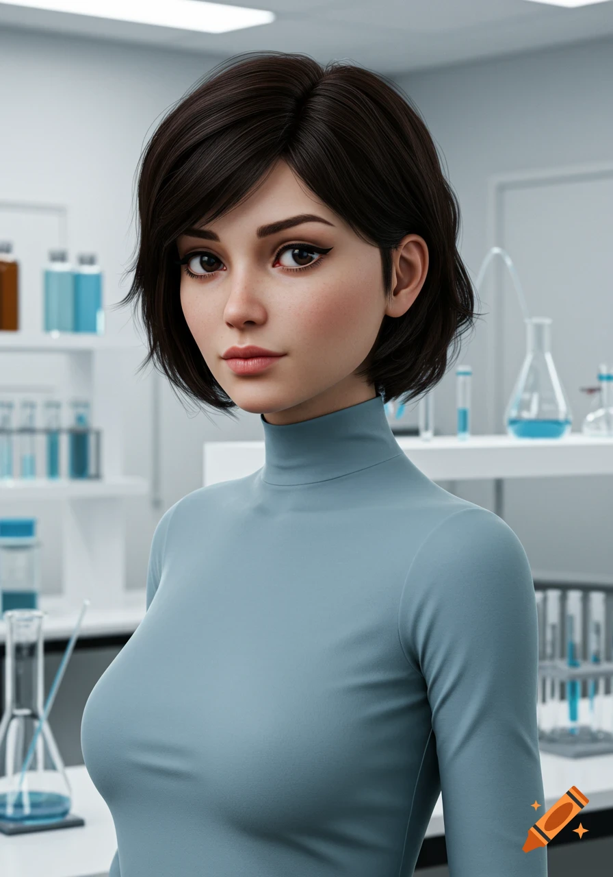A photorealistic portrait of a woman with short dark hair in a science laboratory.