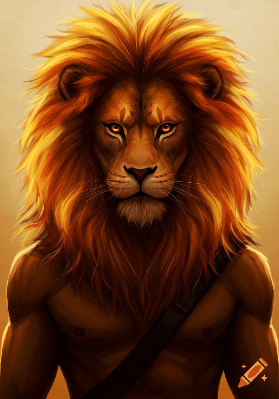 Digital painting of a muscular human-lion hybrid man with a fiery golden-red mane and intense orange eyes, wearing a dark chest strap.