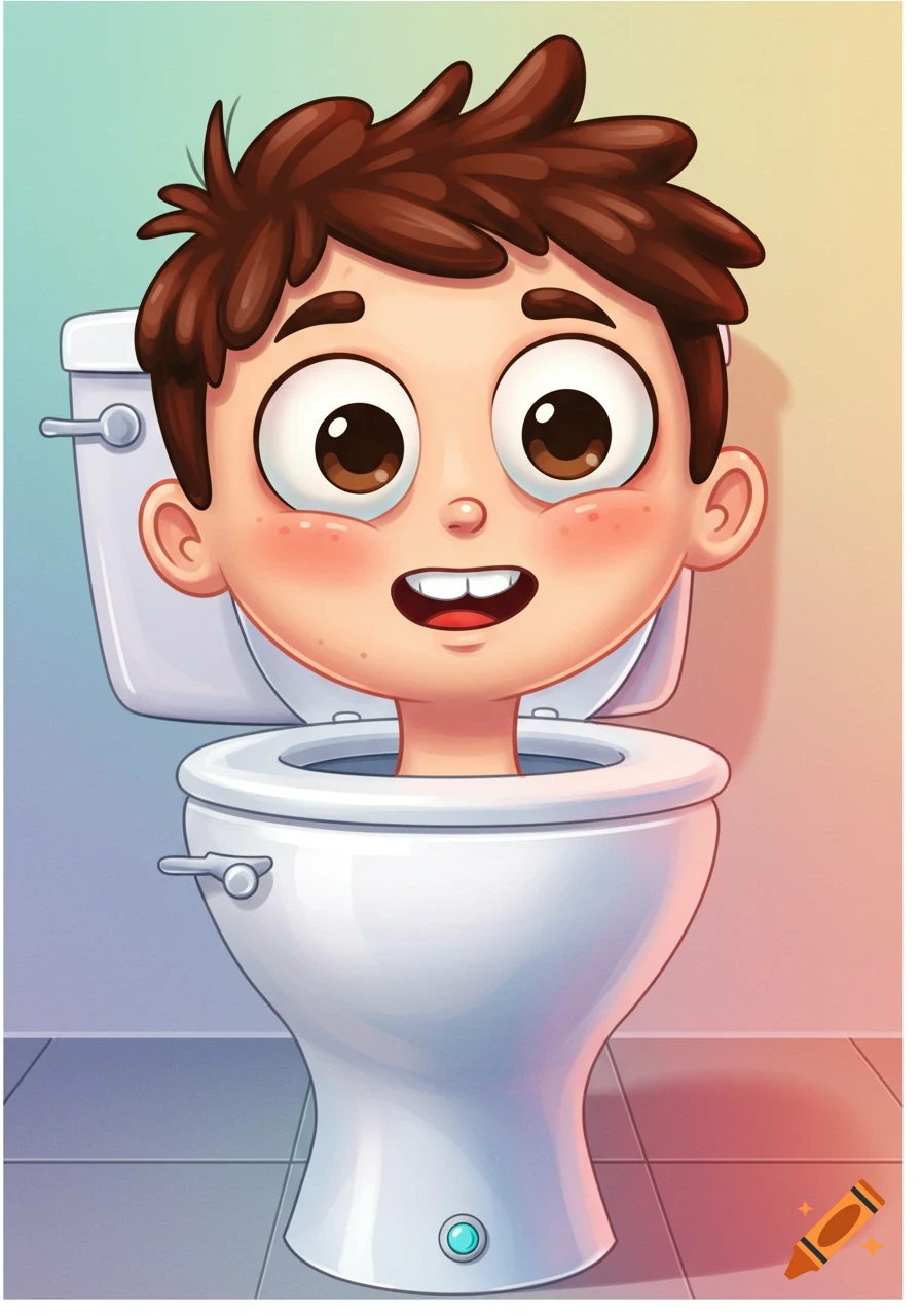 Cartoon of a smiling boy's head with brown hair emerging from a white toilet, in a bright and playful style.