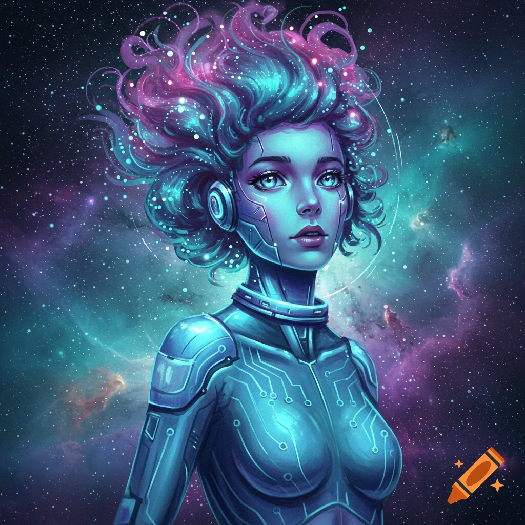 A stylized blue-skinned woman in futuristic armor with glowing cosmic hair, against a starry galaxy background. Digital art.