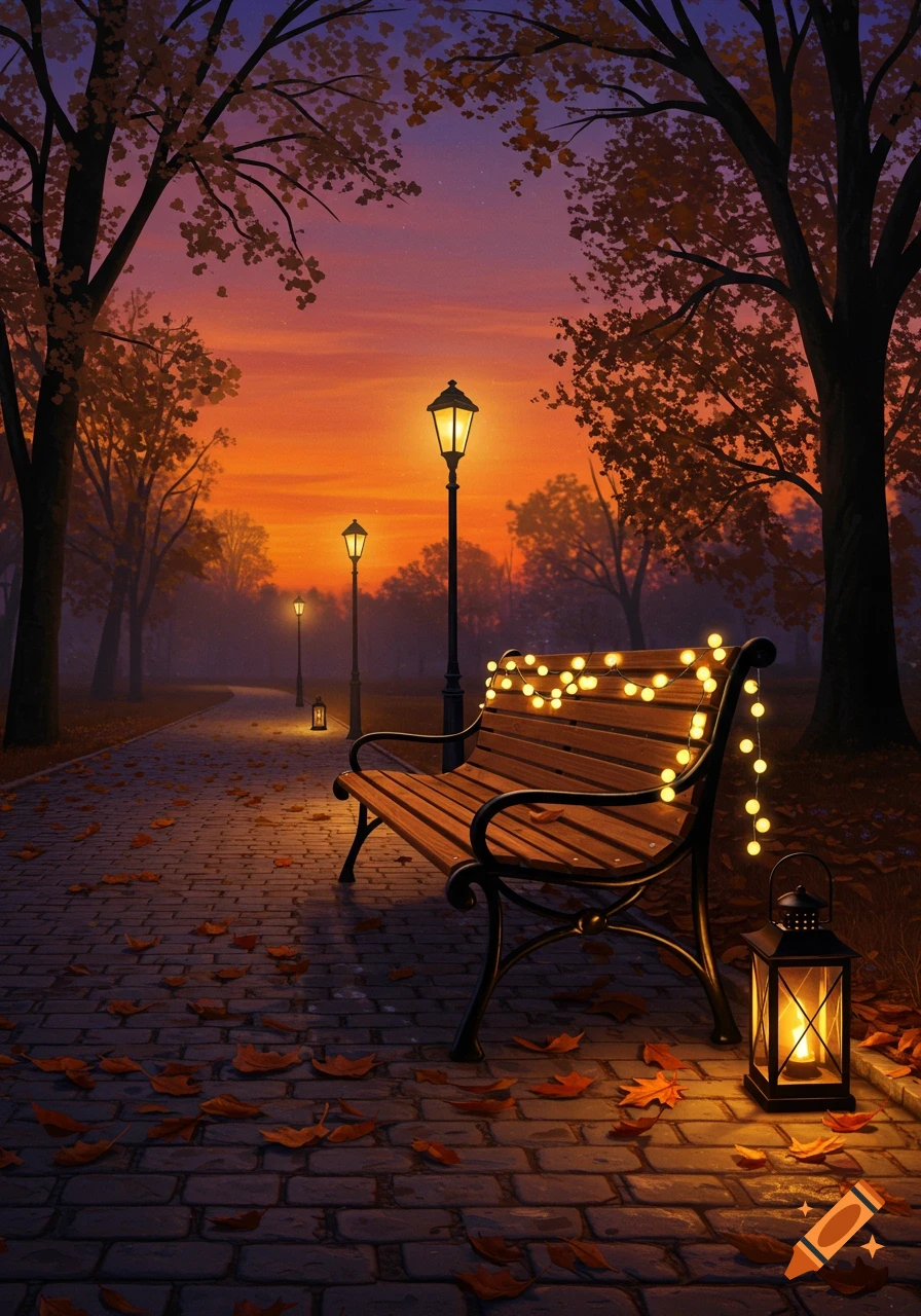 An autumn park path at dusk with fallen leaves, glowing streetlights, a lantern, and a bench with fairy lights under an orange and purple sky.