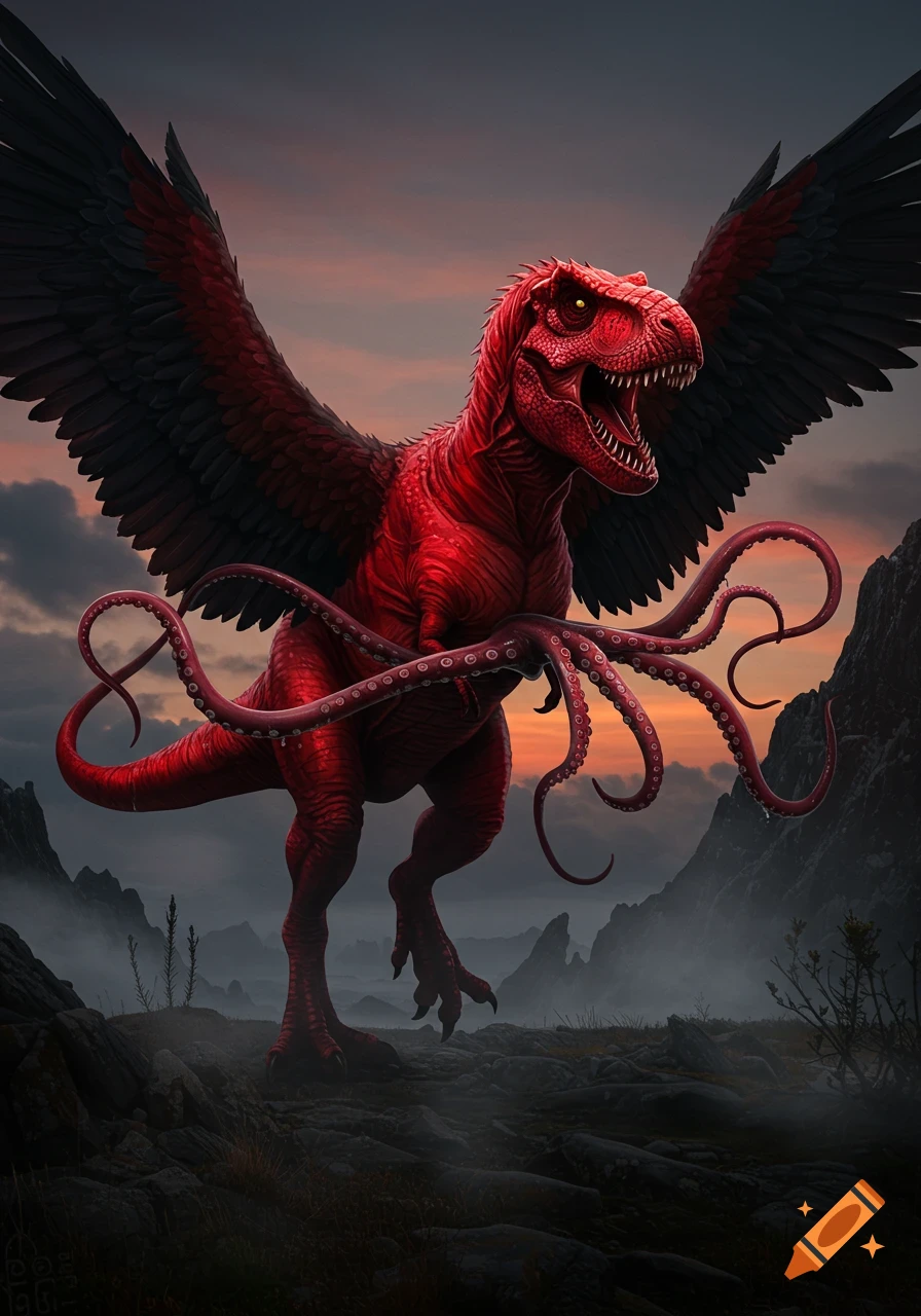 A red T-Rex with black feathered wings and squid tentacles stands in a misty, rocky landscape at sunset, detailed illustration.