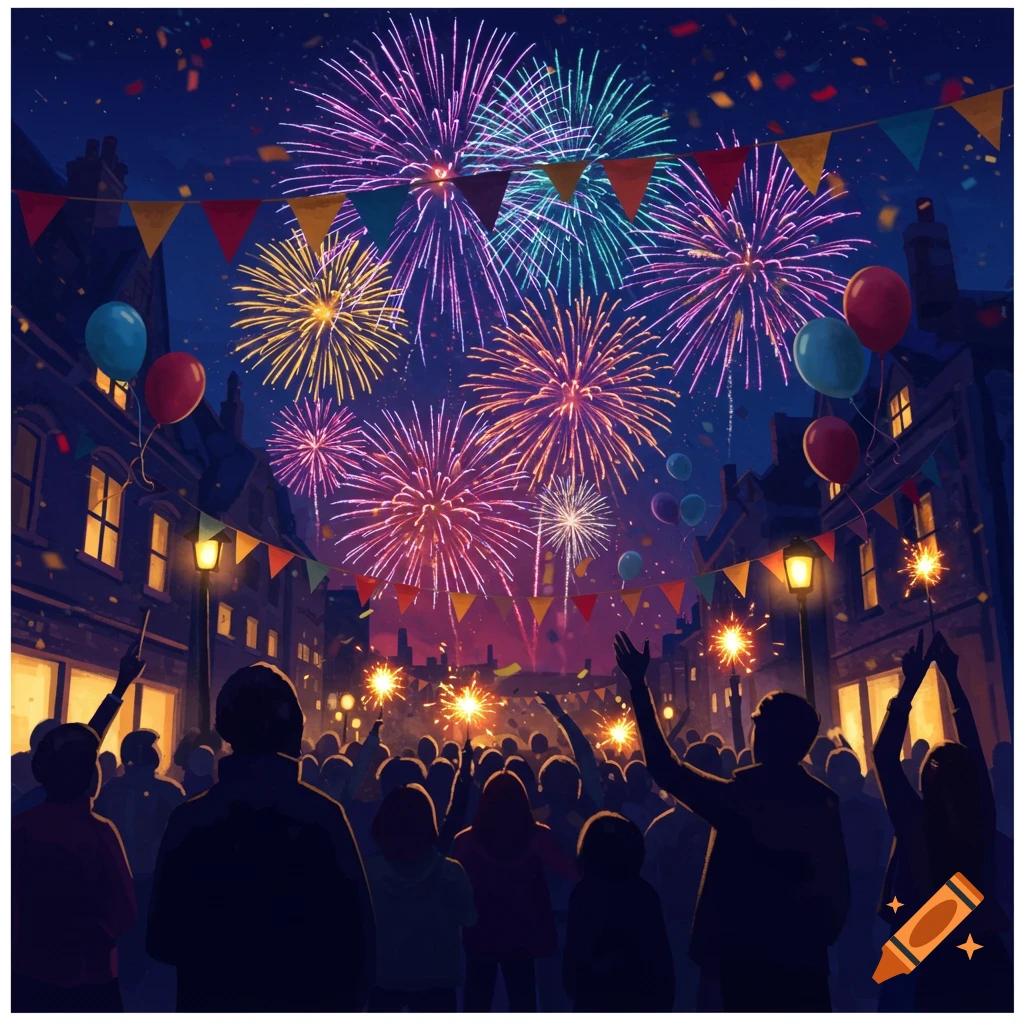 A crowd of silhouetted people watch vibrant fireworks explode over a festive street lined with buildings and balloons at night.