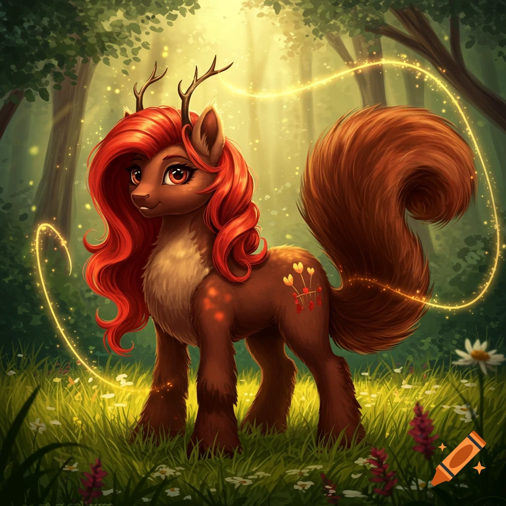 A stylized brown fantasy creature with a red mane, squirrel tail, and antlers stands in a sunlit, magical forest with glowing particles.