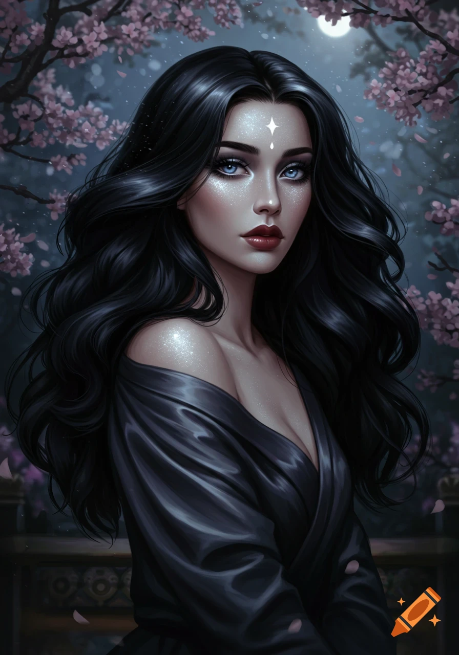 Digital art portrait of a woman with long black hair, blue eyes, and glowing forehead mark, wearing a dark dress amidst cherry blossoms at night.