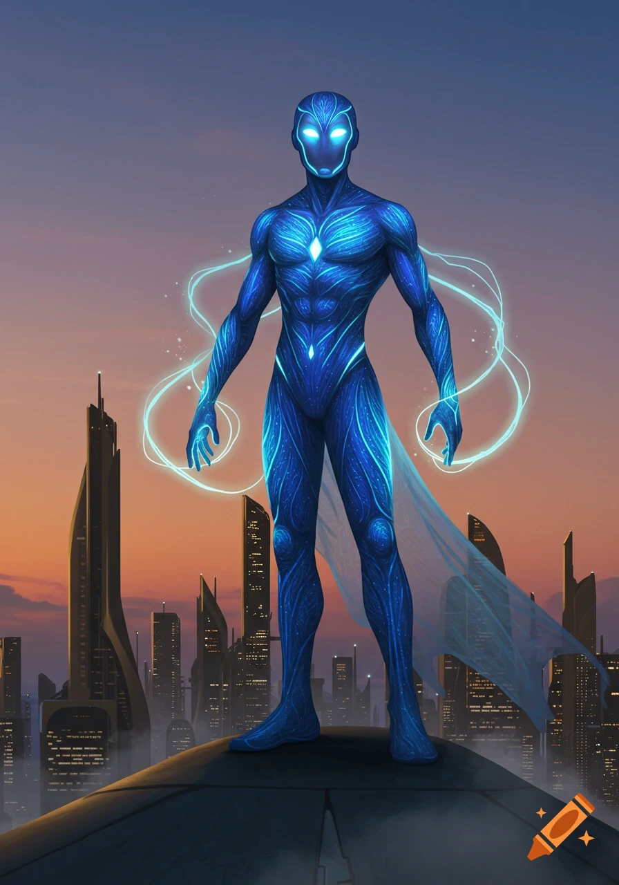 A blue-armored superhero with glowing lines and eyes stands on a futuristic building, overlooking a city skyline at sunset.
