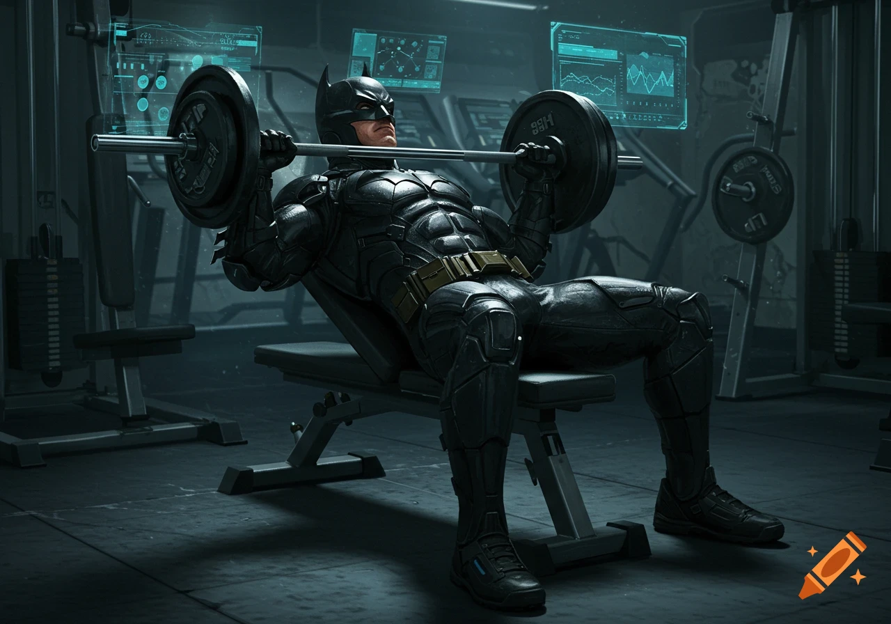 Batman in a dark, high-tech gym bench pressing a barbell while looking up at holographic data screens.