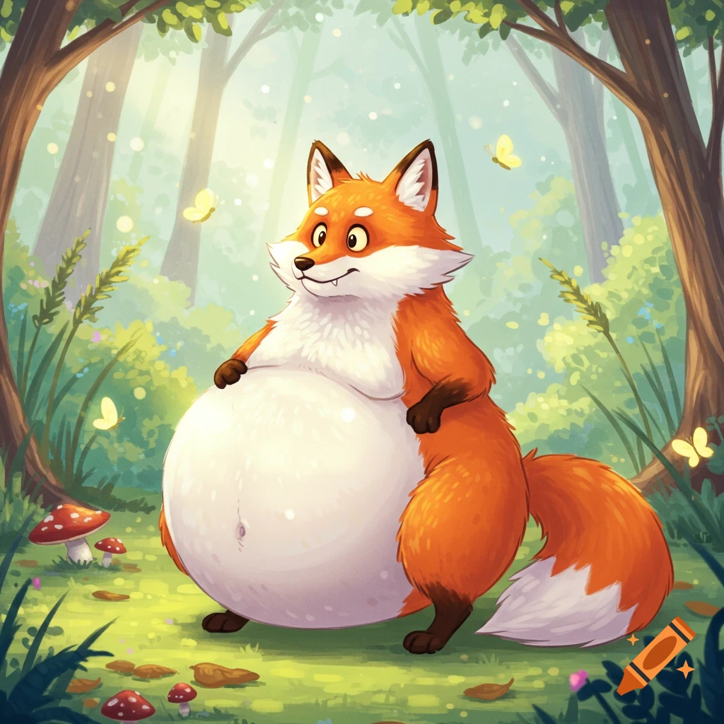 A friendly, plump cartoon fox with a large white belly stands in a magical forest with butterflies and mushrooms.
